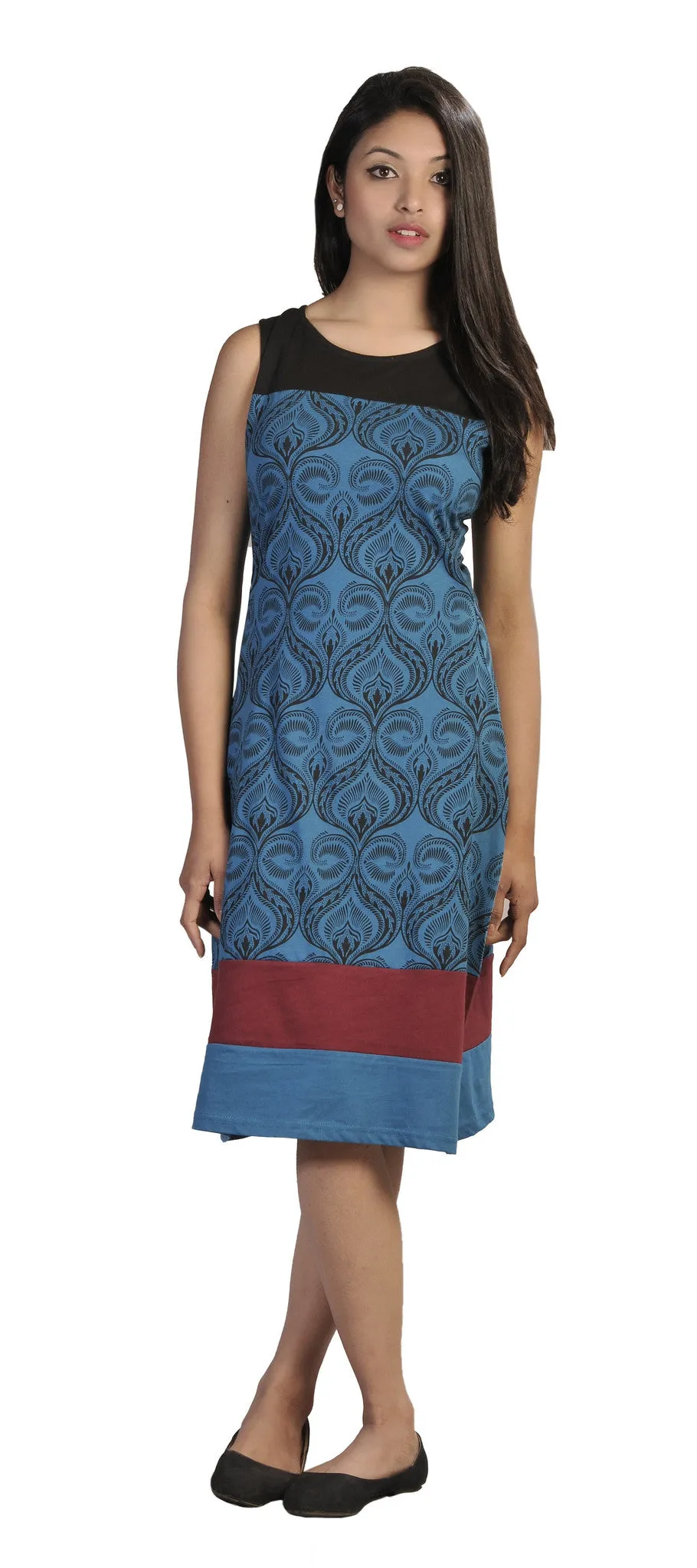 womens-summer-sleeveless-dress-with-damask-pattern-print-and-patch-design