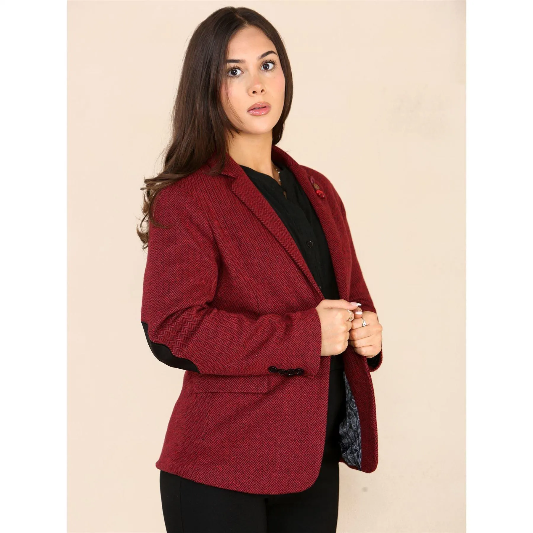 Womens Tweed Herringbone Waistcoat Blazer Jacket Wine Red Classic Vintage 1920s