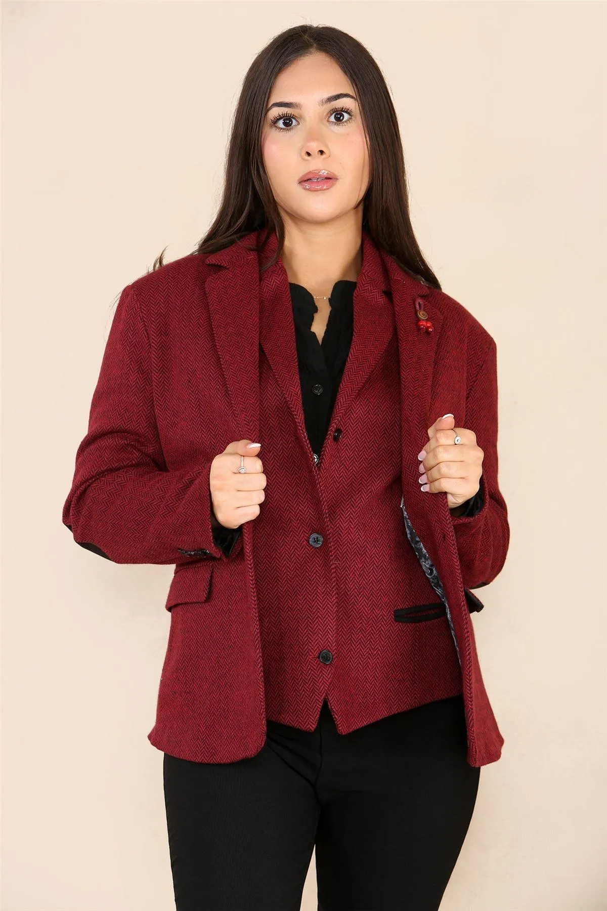 Womens Tweed Herringbone Waistcoat Blazer Jacket Wine Red Classic Vintage 1920s