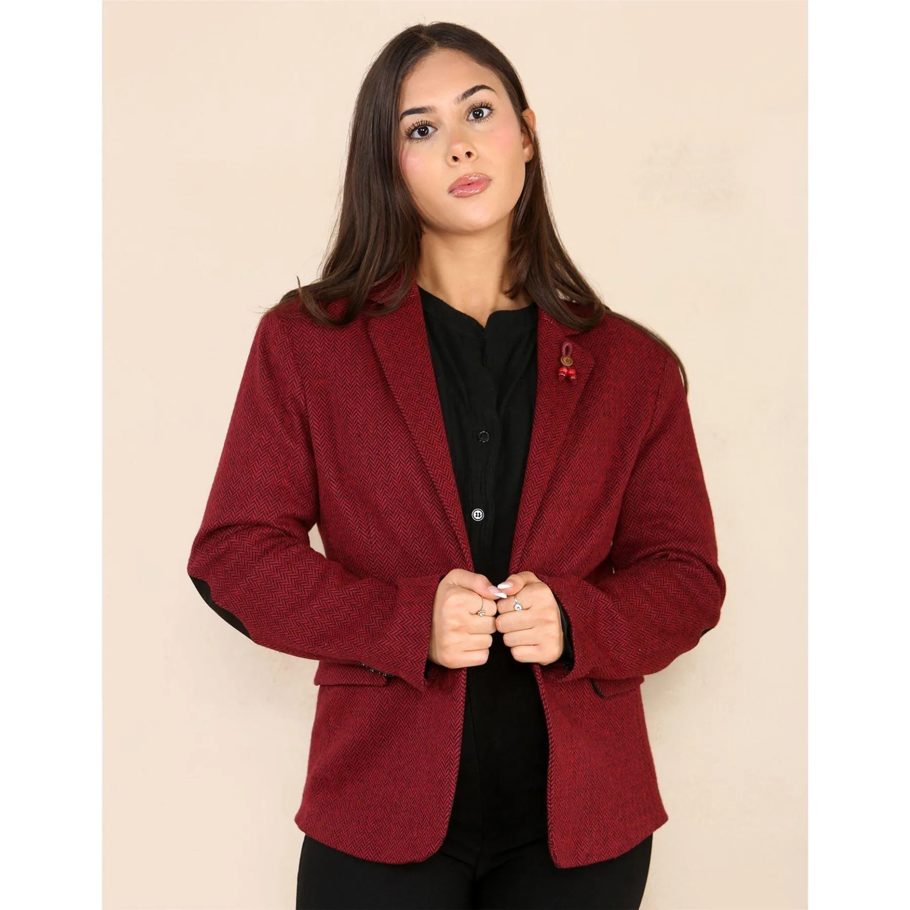 Womens Tweed Herringbone Waistcoat Blazer Jacket Wine Red Classic Vintage 1920s