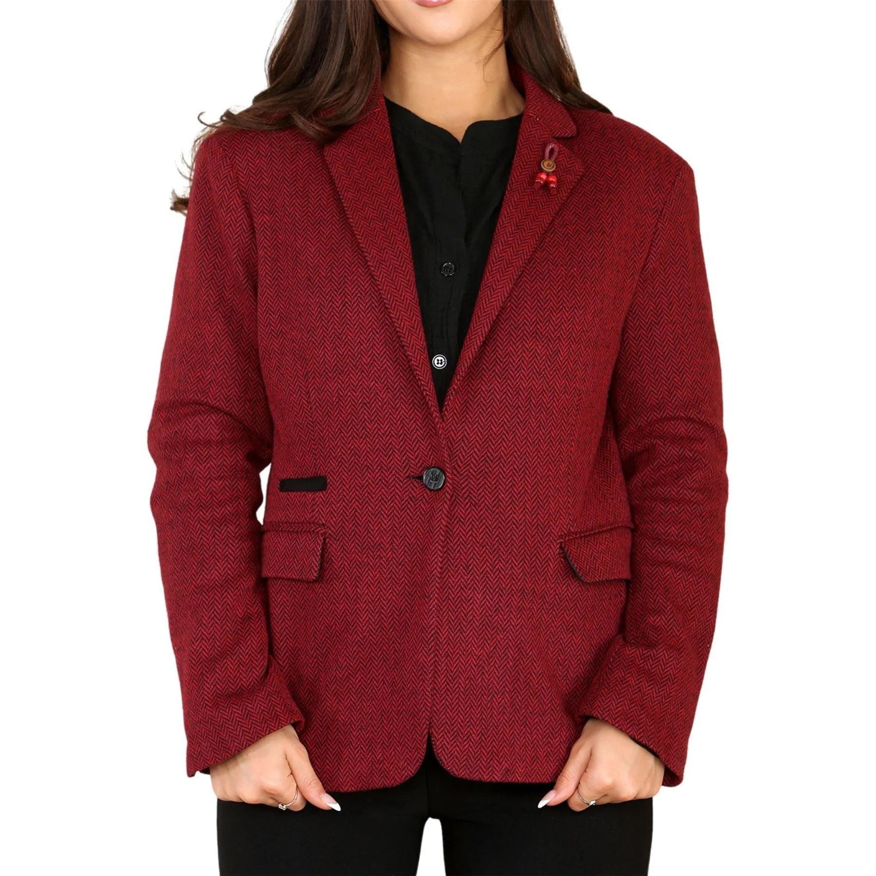 Womens Tweed Herringbone Waistcoat Blazer Jacket Wine Red Classic Vintage 1920s