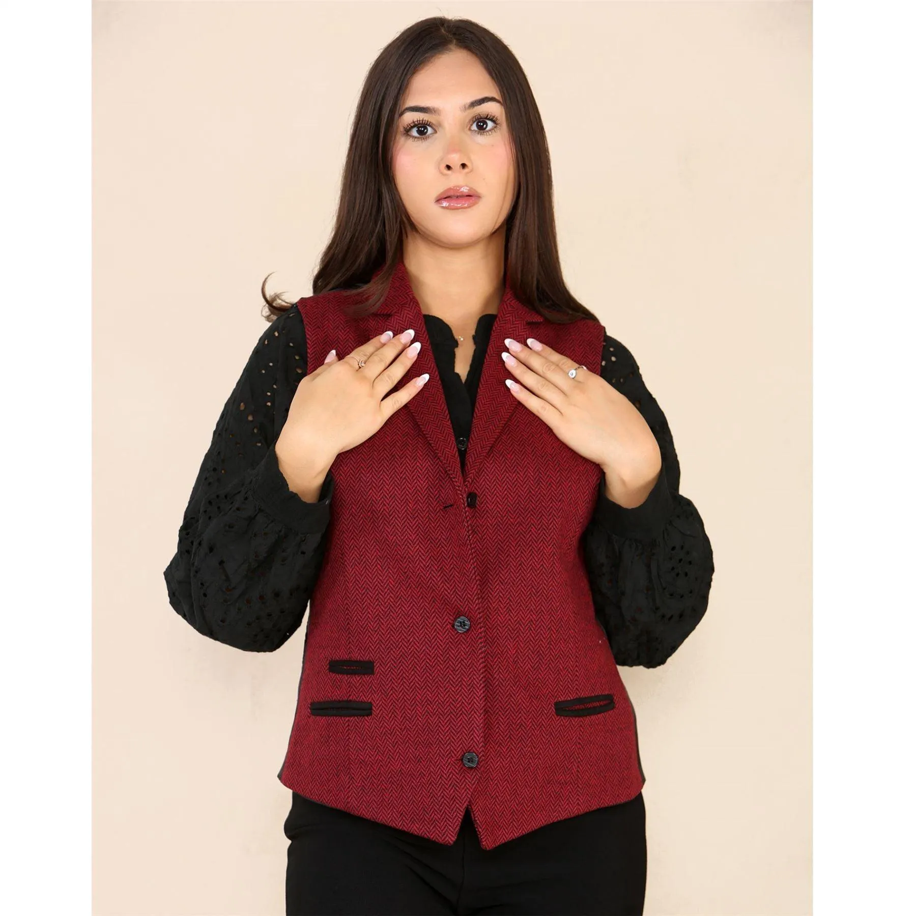 Womens Tweed Herringbone Waistcoat Blazer Jacket Wine Red Classic Vintage 1920s