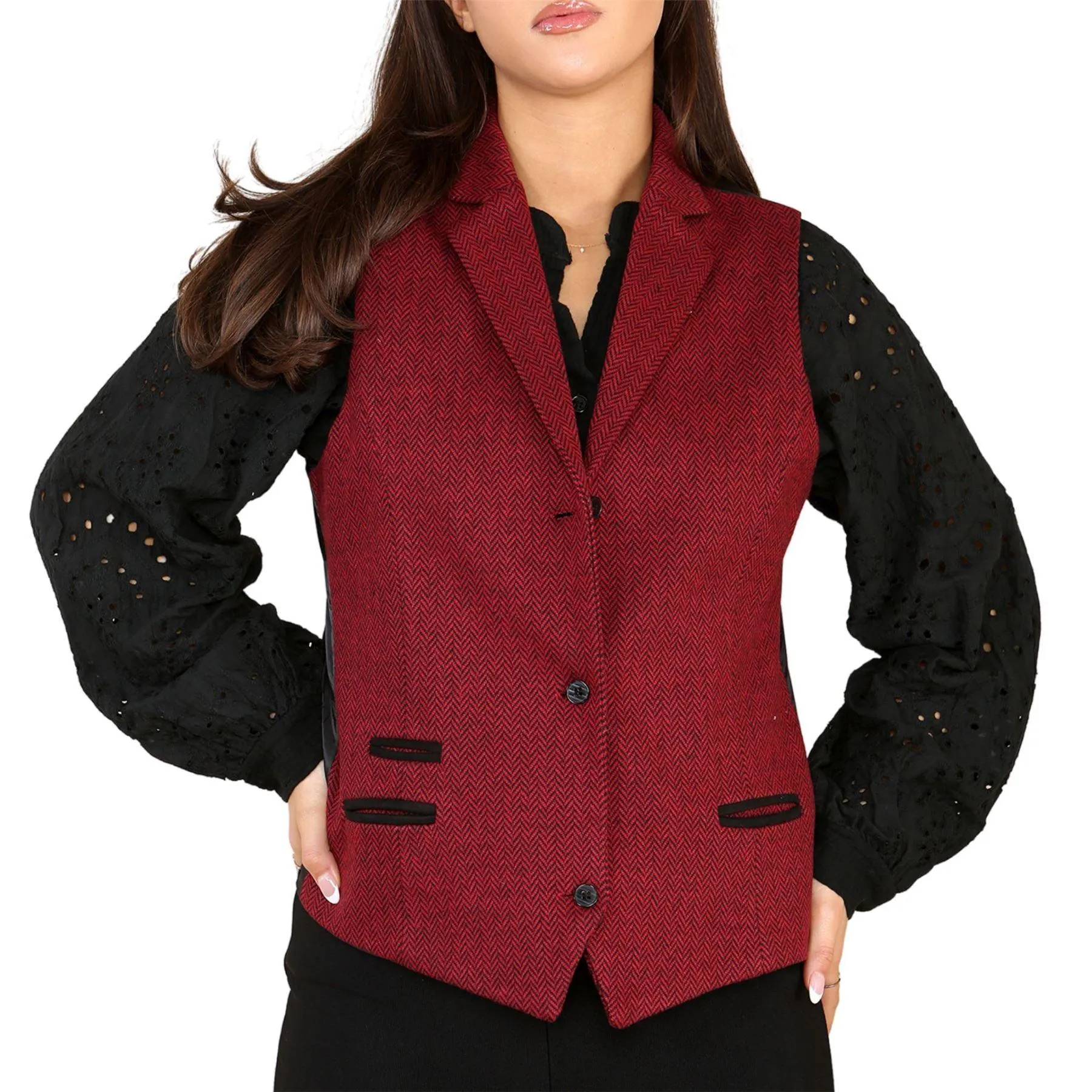 Womens Tweed Herringbone Waistcoat Blazer Jacket Wine Red Classic Vintage 1920s