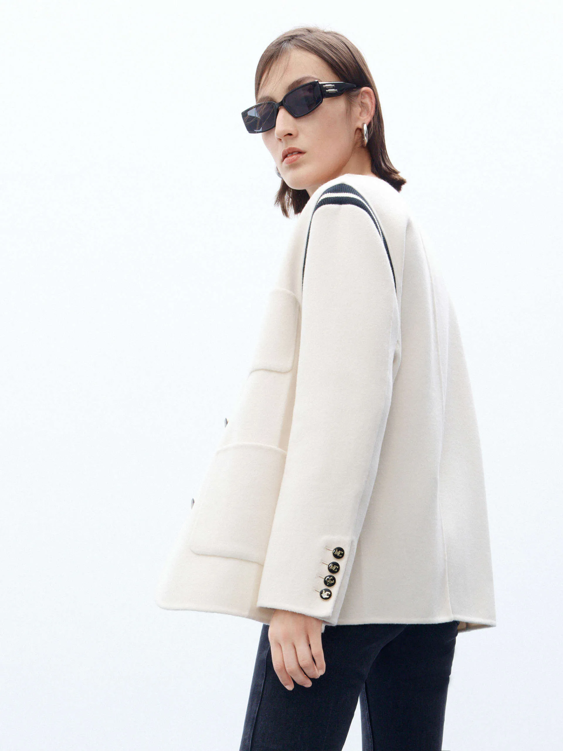 Wool Blend Collarless Coat