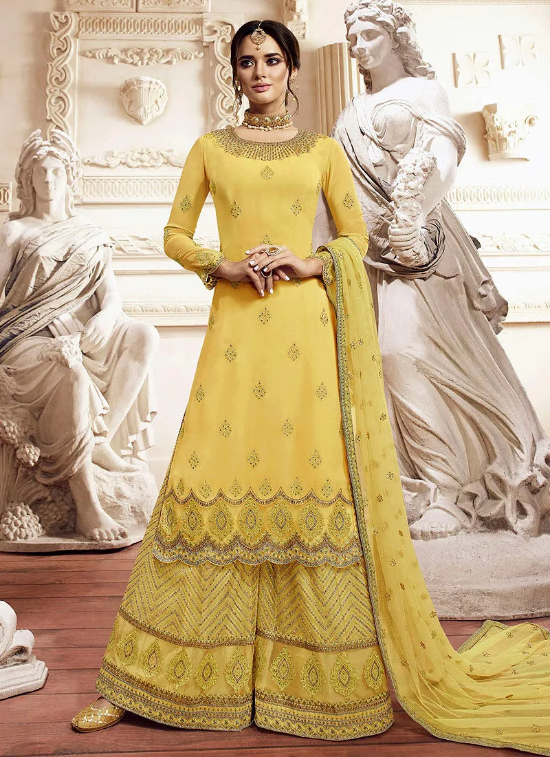 Yellow Overall Golden Embroidered Gharara Suit