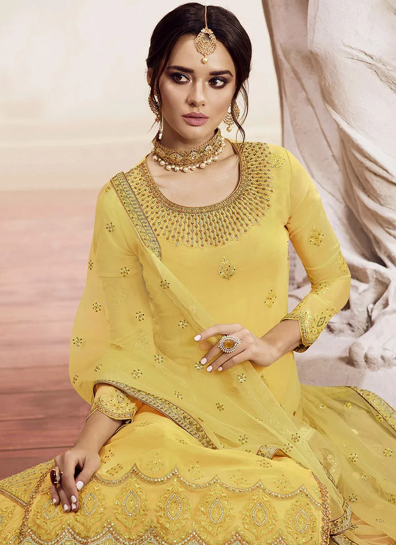 Yellow Overall Golden Embroidered Gharara Suit