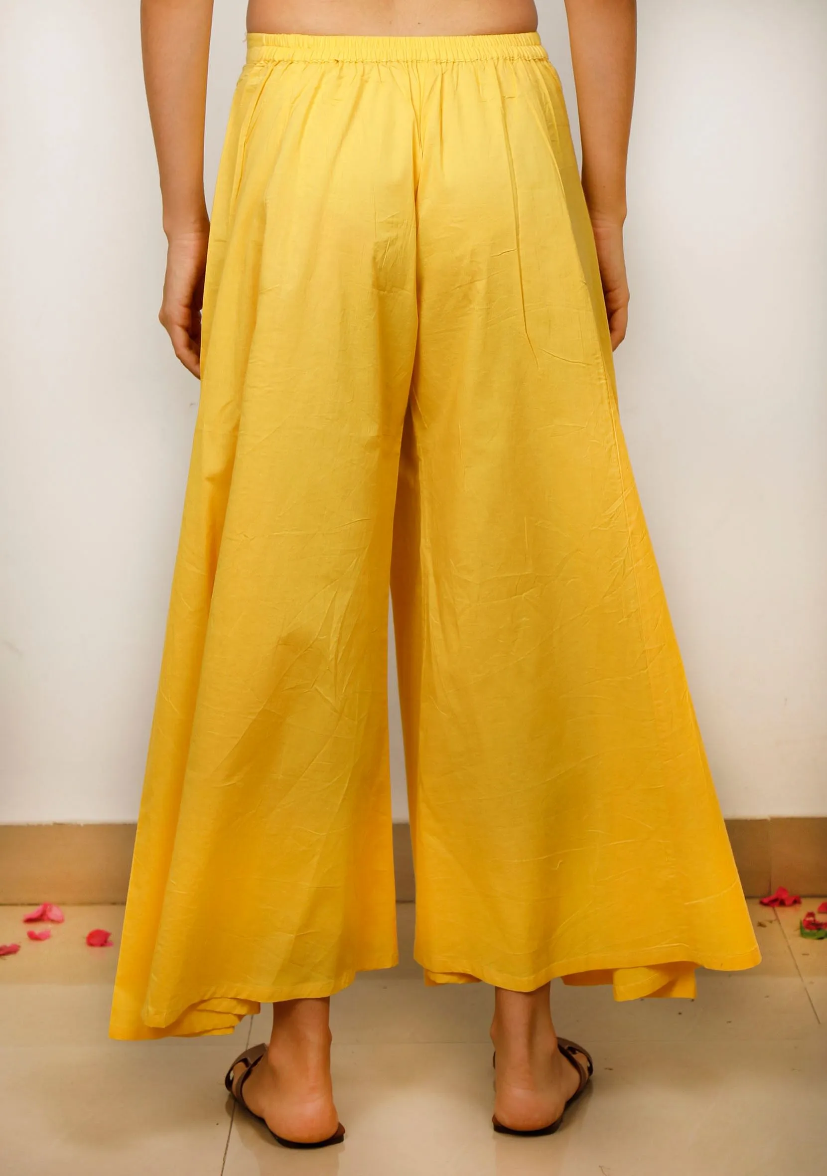 Yellow Solid Cotton flared Pants